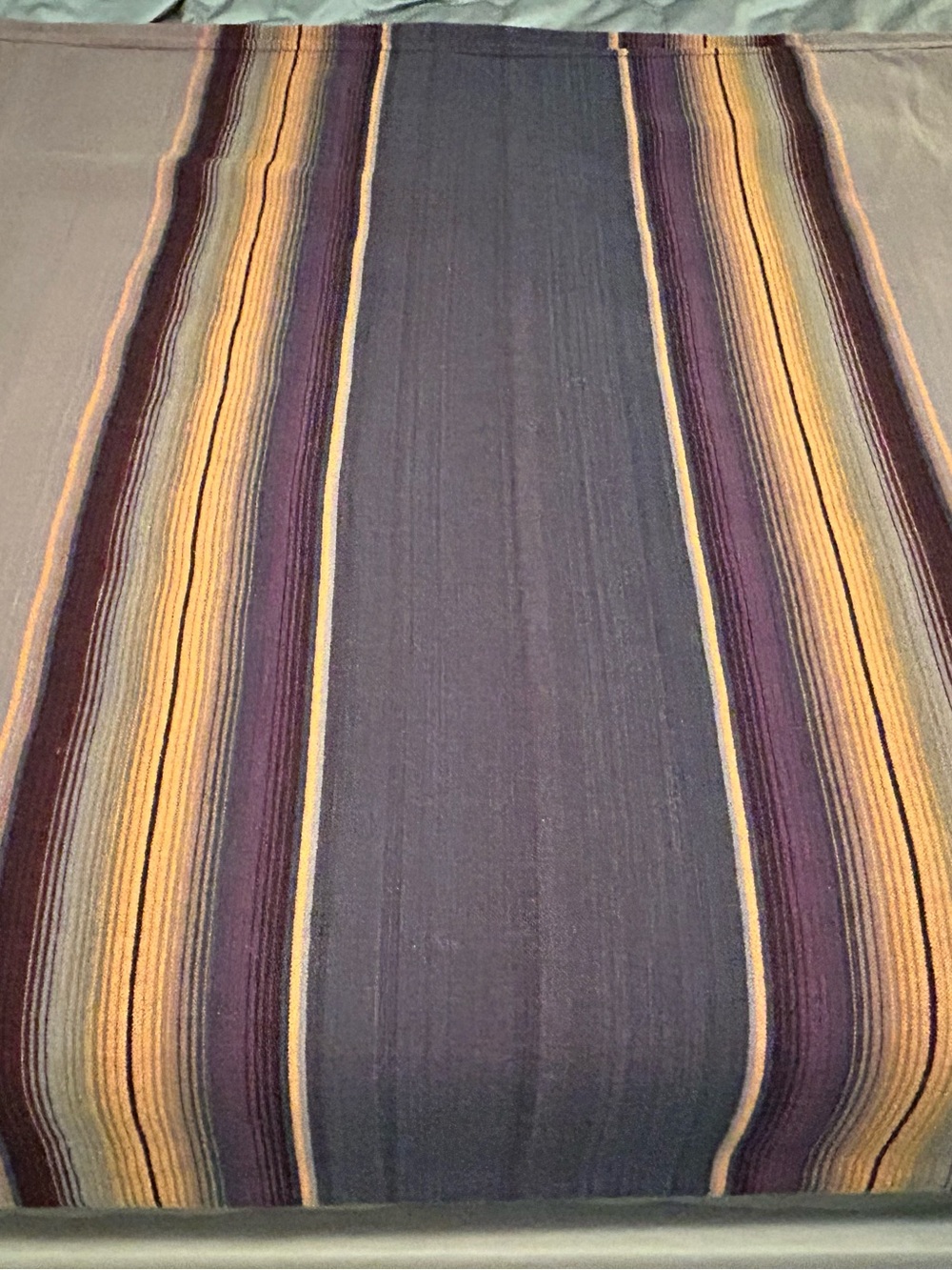 Striped Wool King Size Blanket in Blue, Purple, Yellow. Hand weaved in Mexico